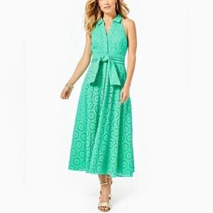Lilly Pulitzer Chrisella Eyelet Embroidered Midi Belted Shirt Dress Green Size 0